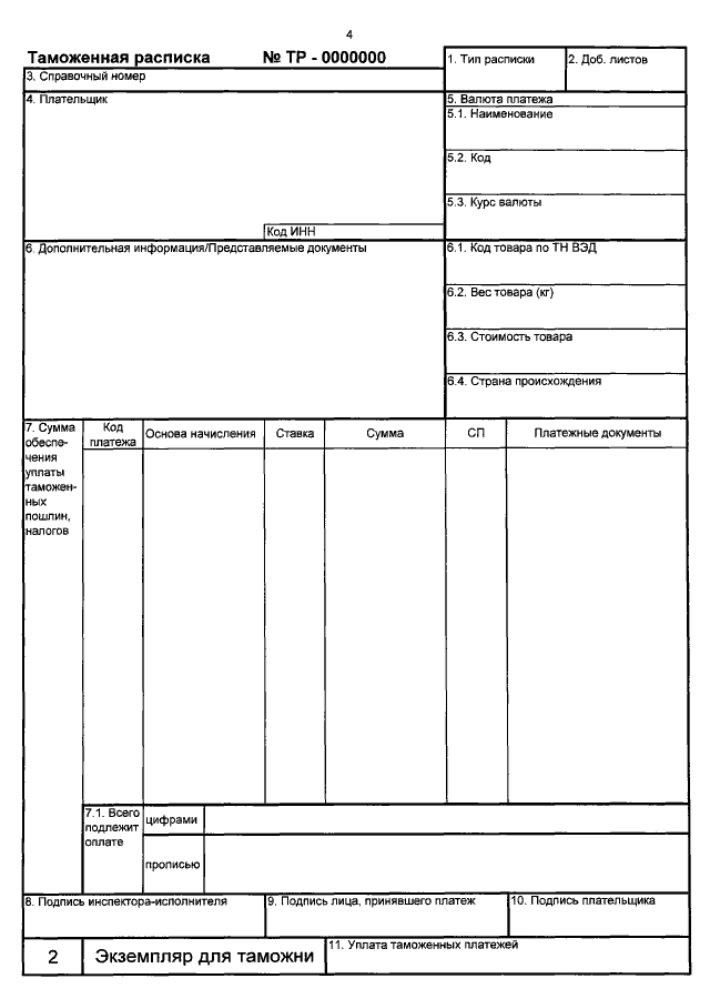 Таможенная расписка образец