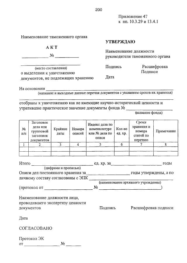 Акт о выделении к уничтожению документов не подлежащих хранению образец заполненный