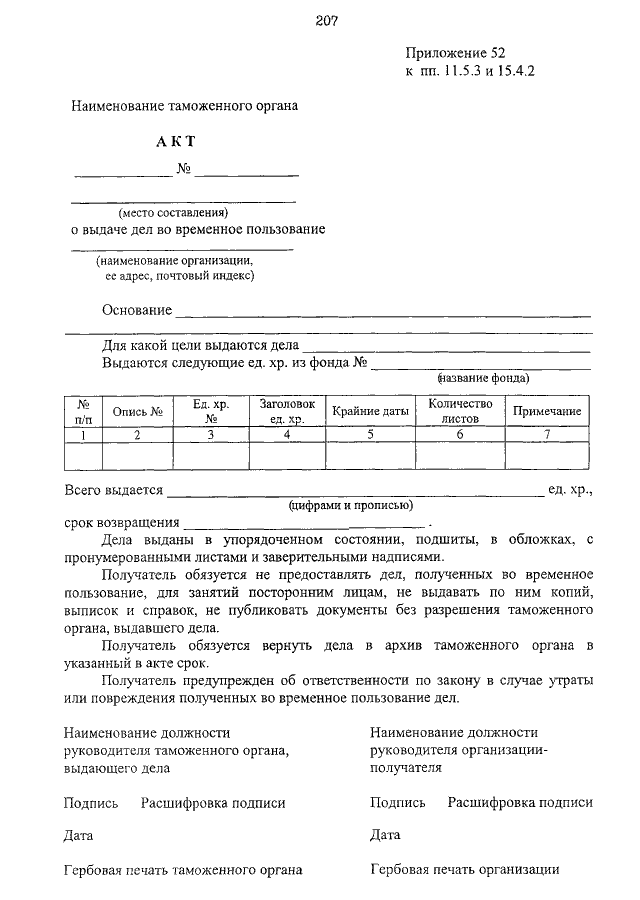 Проект акта о выдаче дел во временное пользование