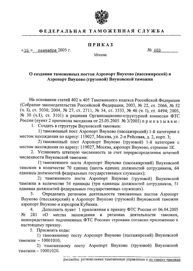 Таможенный приказ. Приказ Внуковской таможни. Приказ ФТС России о создании Внуковской таможни. Таможенный пост аэропорт Внуково (грузовой). Приказ о создании специализированного таможенного поста.