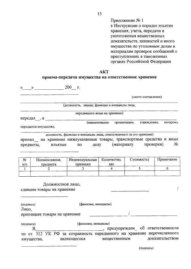 Акт передачи товара на ответственное хранение образец