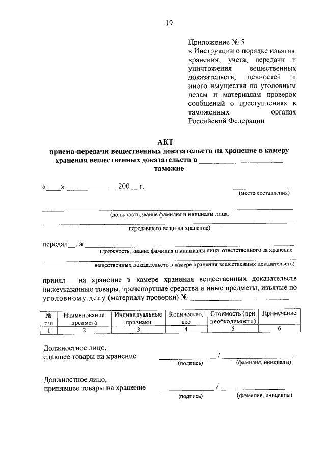 Акт передачи вещественных доказательств по уголовному делу образец