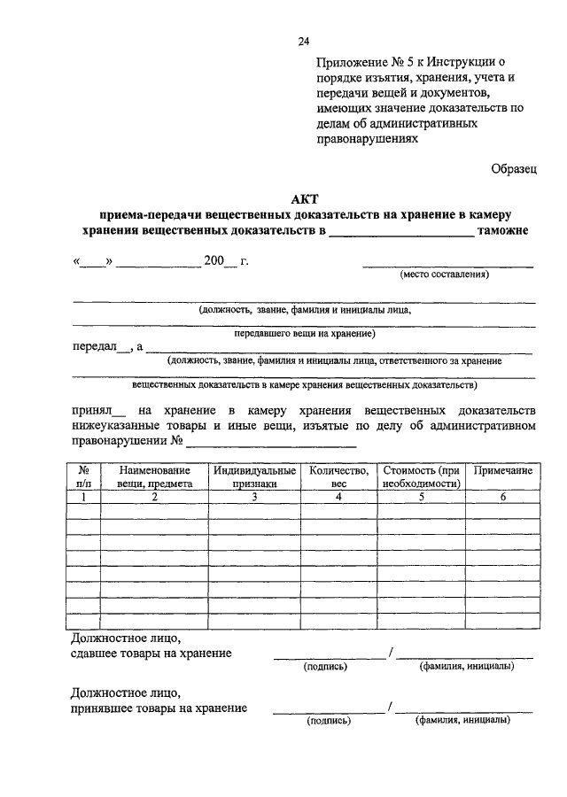 Акт передачи вещественных доказательств по уголовному делу образец